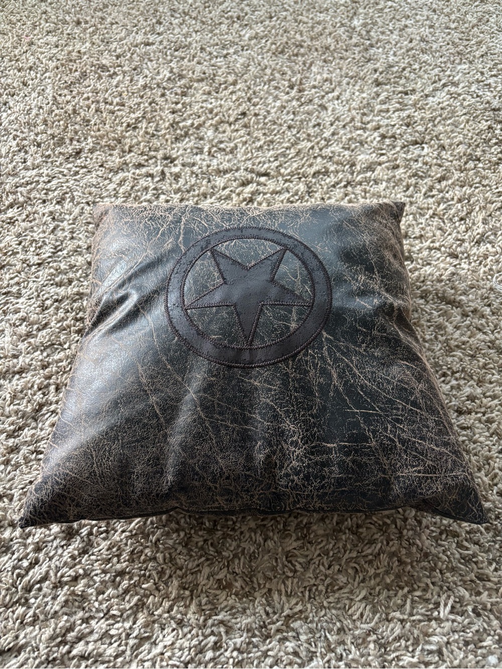 Distressed Brown Faux Leather Star Accent Pillow Texas